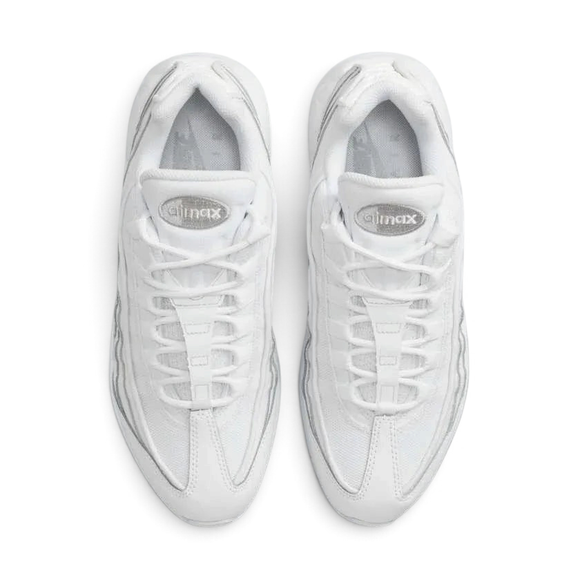 Nike Air Max 95 Essential Men's White Trainers CT1268-100 top view showing lace loops, padded tongue, and sculpted upper design