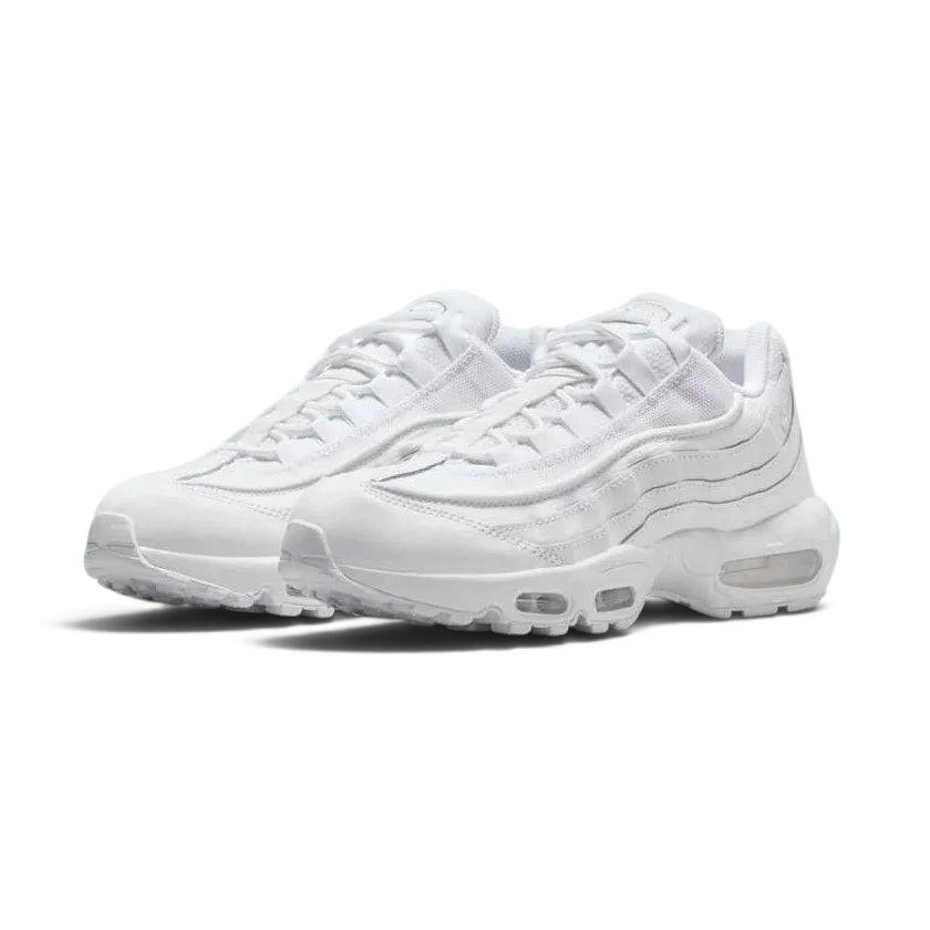 Nike Air Max 95 Essential Men's White Trainers CT1268-100 angled view showing gradient side panels and full-length midsole