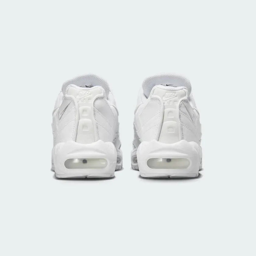 Nike Air Max 95 Essential Men's White Trainers CT1268-100 back view showing heel tab, embroidered Nike Air logo, and layered collar