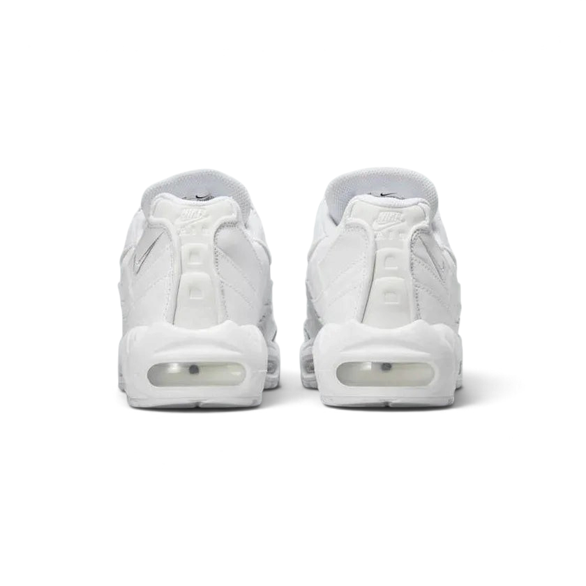 Nike Air Max 95 Essential Men's White Trainers CT1268-100 back view showing heel tab, embroidered Nike Air logo, and layered collar