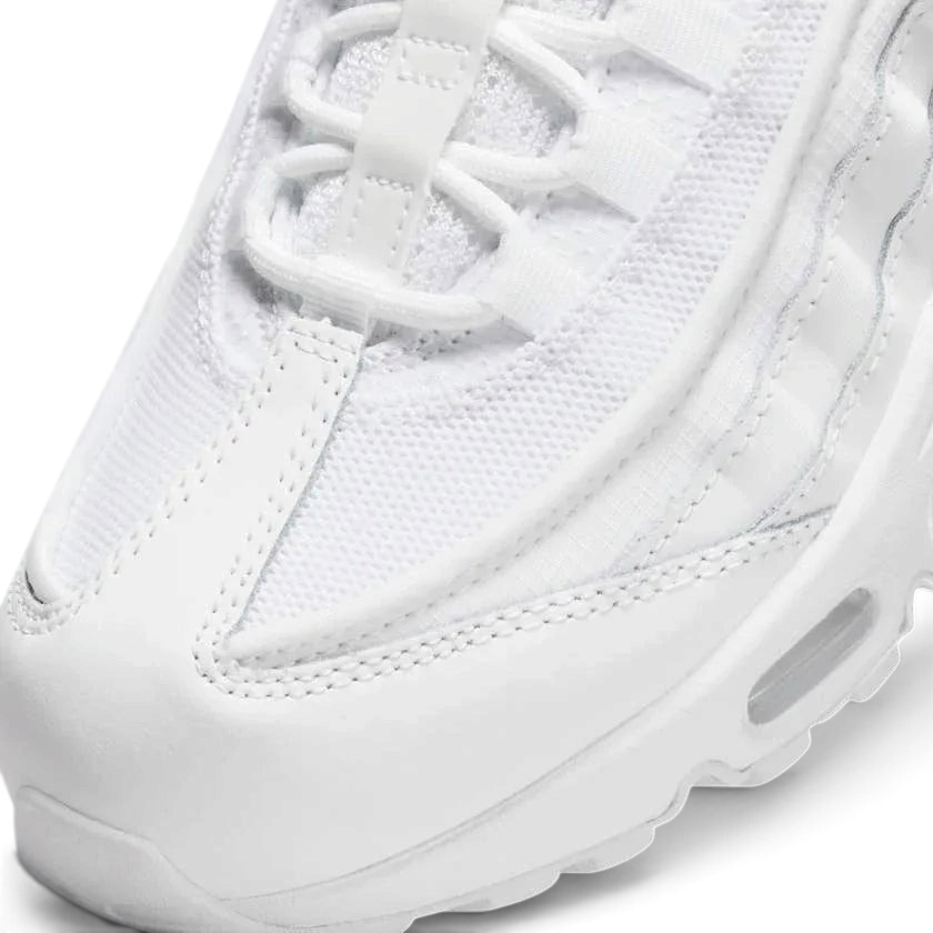 Close-up of Nike Air Max 95 Essential Men's White Trainers CT1268-100 mesh and leather detailing with visible lace system