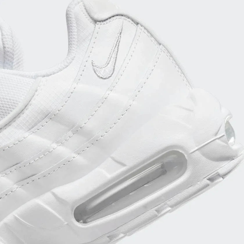 Rear underside close-up of Nike Air Max 95 Essential Men's White Trainers CT1268-100 heel and twin visible Air Max units