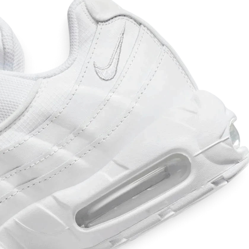Rear underside close-up of Nike Air Max 95 Essential Men's White Trainers CT1268-100 heel and twin visible Air Max units