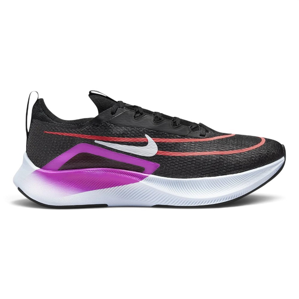 Displays the full lateral silhouette featuring the stealthy Black and Anthracite mesh upper, striking red linear speed graphics across the forefoot, a crisp white lateral Swoosh, the thick white React midsole, and the vibrant purple gradient heel wrap. Main image
