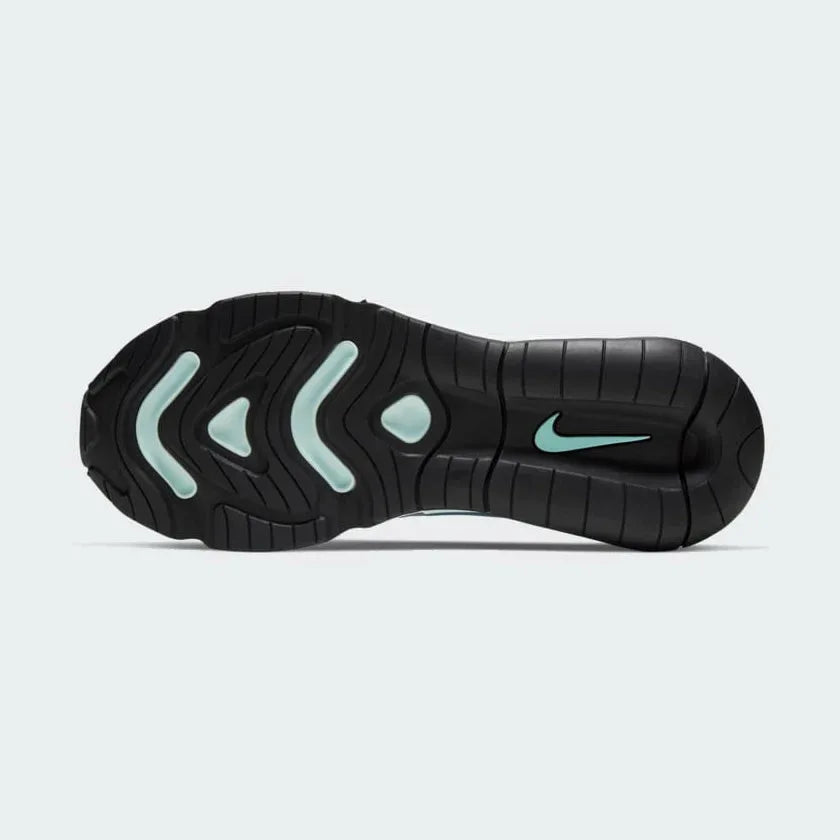 View of the outsole of the Nike Air Max 200 Women's silver trainers, showing the durable rubber tread pattern.