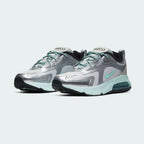 Angled view of two Nike Air Max 200 Women's silver trainers, side by side, showcasing their bold design and visible Air unit.