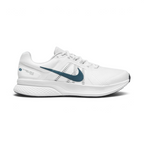 Highlights the lateral profile of the shoe, featuring a dark teal Swoosh sweeping across the Summit White mesh upper, dynamic midfoot webbing straps, white foam midsole, and a white heel overlay stamped with "NIKE RUNNING - SINCE 1972" graphic details.