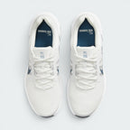 Focuses on the locked-in central lacing layout, displaying the clean symmetry of the white mesh forefoot, midfoot lacing loops, white tongue tags with "NIKE RUN V 2.0" text, and dark blue insoles printed with "NIKE RUNNING" branding.