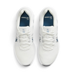 Focuses on the locked-in central lacing layout, displaying the clean symmetry of the white mesh forefoot, midfoot lacing loops, white tongue tags with "NIKE RUN V 2.0" text, and dark blue insoles printed with "NIKE RUNNING" branding.