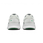 Focuses on the rear profile of both heels, displaying the clean white mesh collars, structured heel cups accented with green oval Swoosh badges, and the wide footprint of the white foam midsoles above the green tread base.