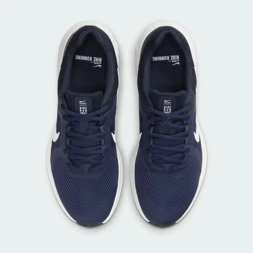 Top-down view of a pair of Nike Run Swift 2 Men's running shoes in navy, highlighting their streamlined silhouette and lace-up closure.