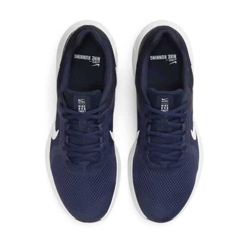 Top-down view of a pair of Nike Run Swift 2 Men's running shoes in navy, highlighting their streamlined silhouette and lace-up closure.