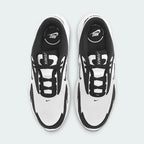Focuses on the locked-in central lacing layout, displaying the clean symmetry of the white mesh forefoot, black eyestay overlays, black laces, and the padded interior stamped with "COMFORT INSOLE" graphics.
