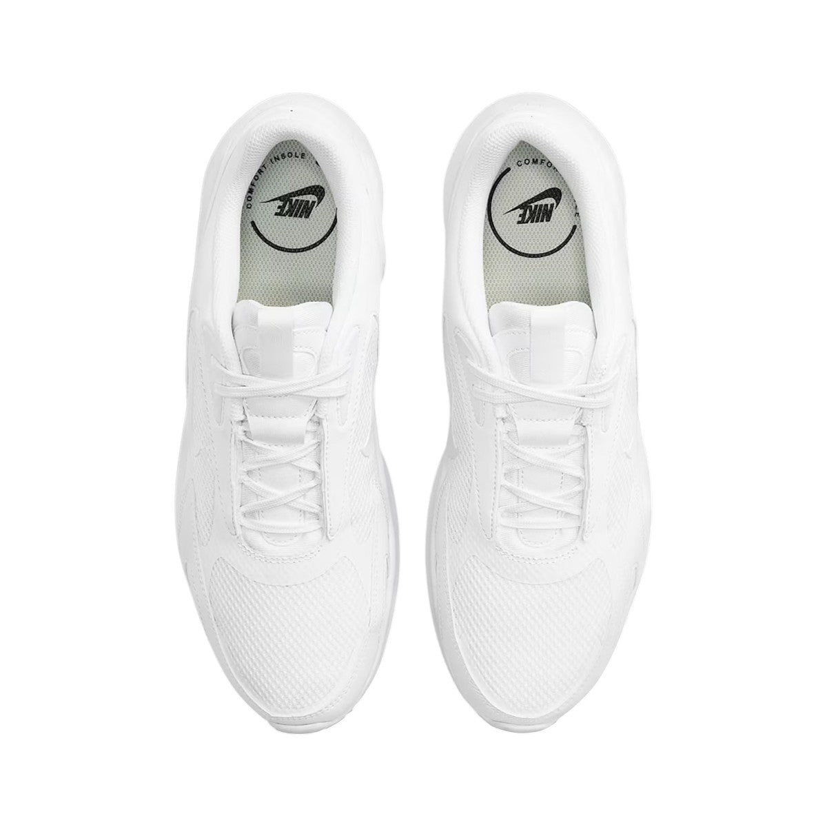 Top-down view of a pair of Nike Air Max Bolt Men's trainers in white, highlighting their sleek silhouette and lace-up closure.