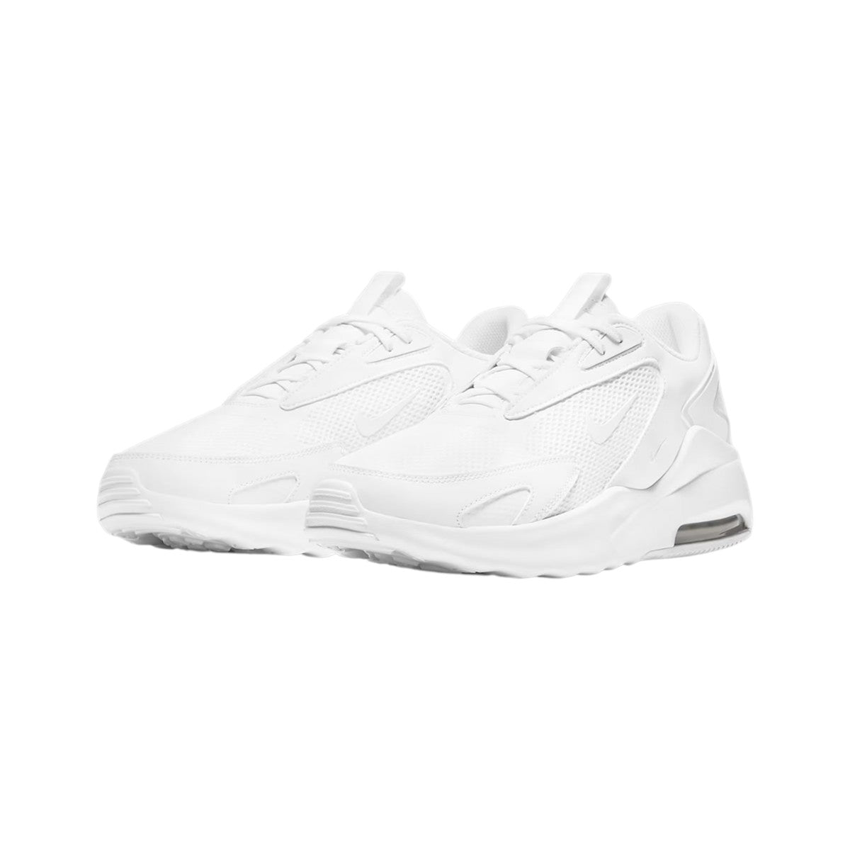 Angled view of two Nike Air Max Bolt Men's white trainers, side by side, showcasing their bold design and visible Air unit.