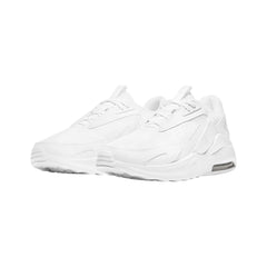 Angled view of two Nike Air Max Bolt Men's white trainers, side by side, showcasing their bold design and visible Air unit.