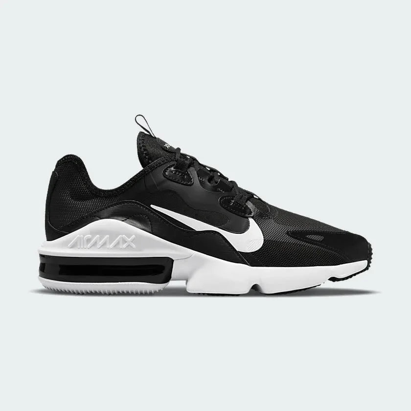 Nike Air Max Infinity 2 Men's trainers in black with a white midsole, side profile showing visible Max Air unit, layered upper, and wavy design lines. Main image