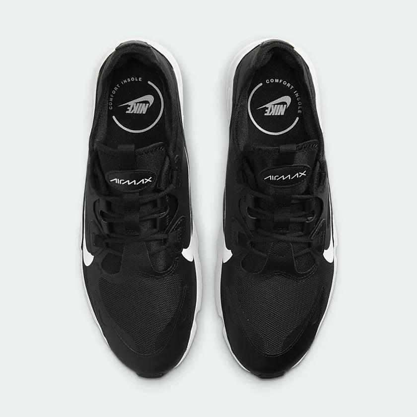 Top-down view of a pair of Nike Air Max Infinity 2 Men's trainers in black, highlighting their sleek silhouette and unique lacing system.