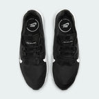 Top-down view of a pair of Nike Air Max Infinity 2 Men's trainers in black, highlighting their sleek silhouette and unique lacing system.
