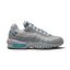 Nike Air Max 95 Men's running shoes in shades of grey with blue and black accents, side profile showing visible Max Air units in the heel and forefoot, and a layered upper.