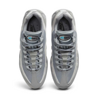 Top-down view of a pair of Nike Air Max 95 Men's running shoes in grey, highlighting their iconic silhouette and lacing system.
