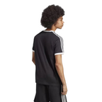Trade Sports model wearing a black slim-fit Adidas cotton t-shirt with white 3-stripes on raglan sleeves, back view.