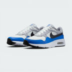 Emphasising the low-cut, athletic stance of the trainers and the harmonious contrast between the Summit White bases, Wolf Grey trim, and vivid Light Photo Blue mudguards.