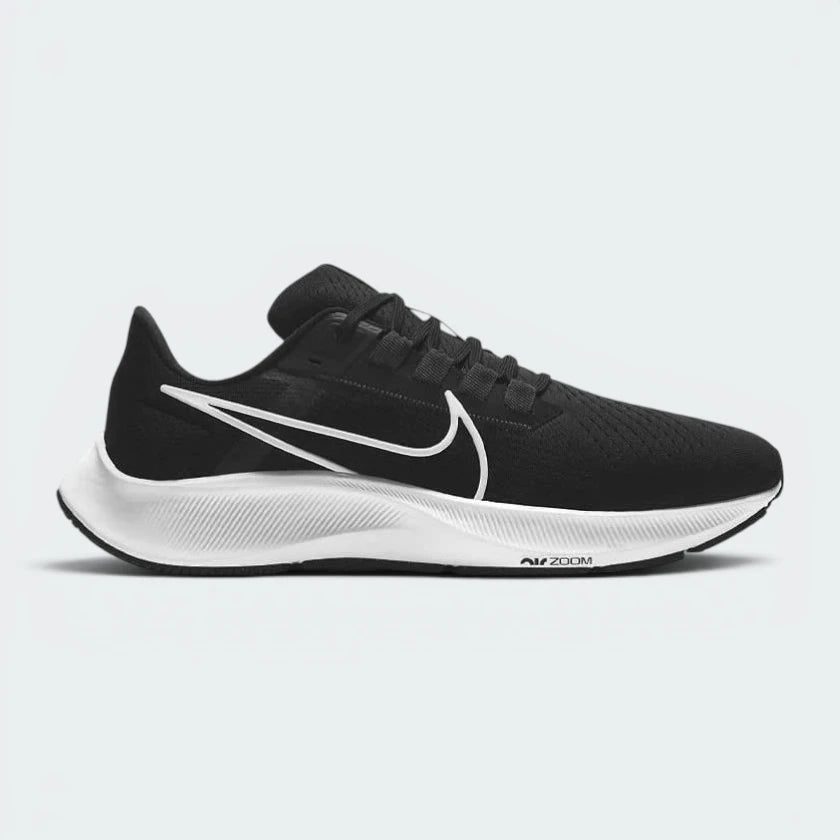 Highlights the high-velocity sweep of the crisp White Nike Swoosh, showing the sleek, clean texture of the Black mesh upper resting above the dual-tone black and white React foam midsole wall.