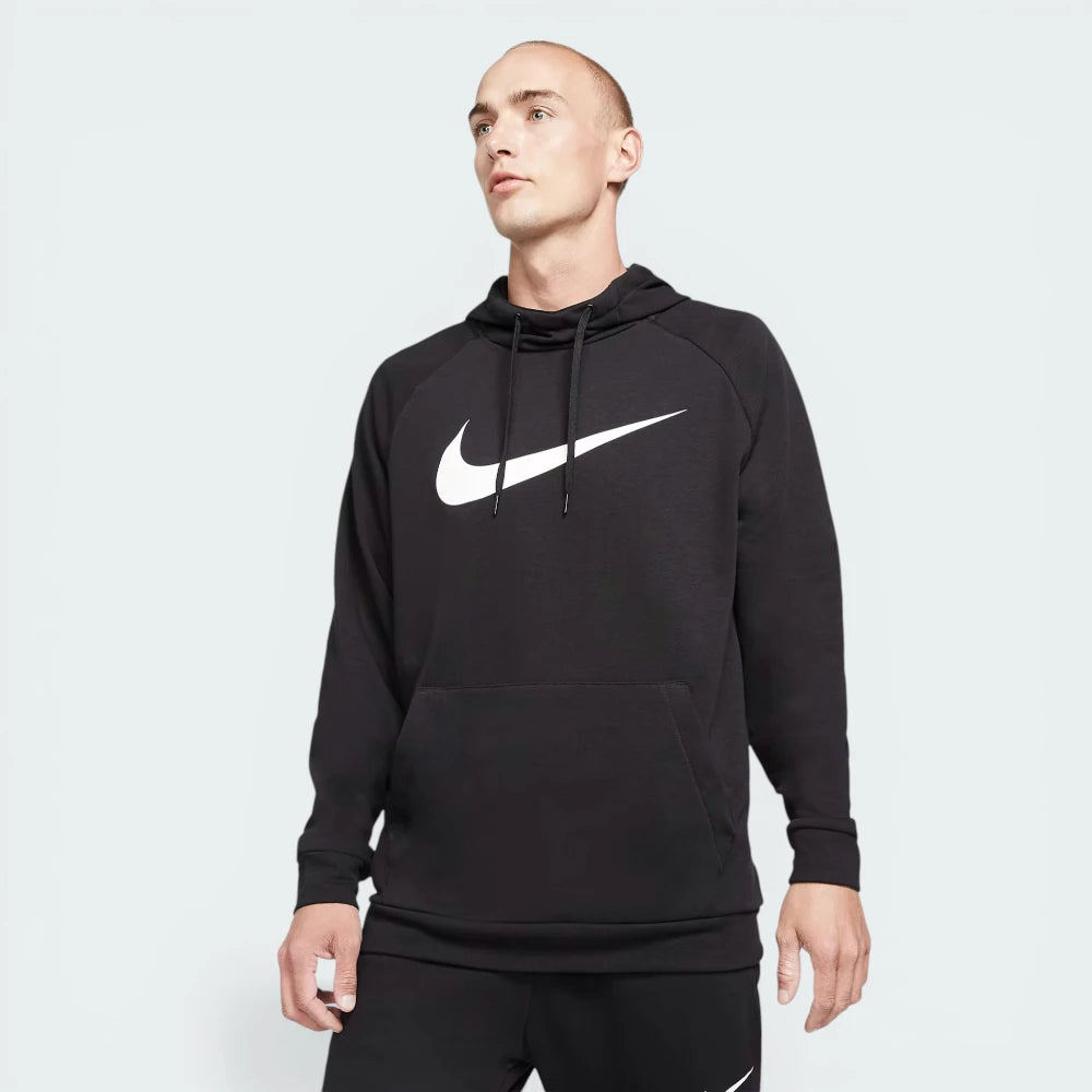 Main profile of the black Nike Dri-FIT hoodie, showing the relaxed standard fit and the contoured hood design.
