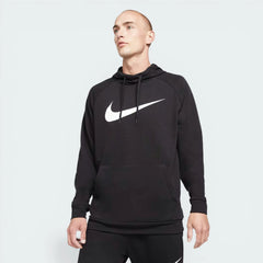 Main profile of the black Nike Dri-FIT hoodie, showing the relaxed standard fit and the contoured hood design.