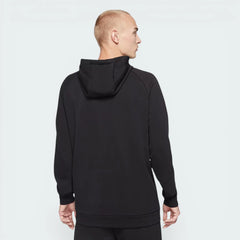 Rear view of the hoodie, showing the clean black finish and the structured stitching across the shoulders.