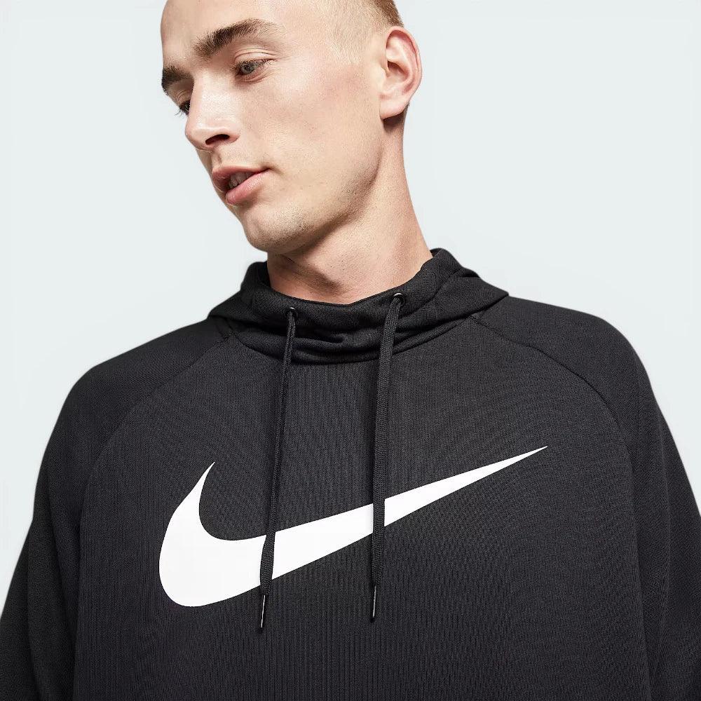 Close-up of the chest area, focusing on the high-quality white screen-printed Nike graphic.
