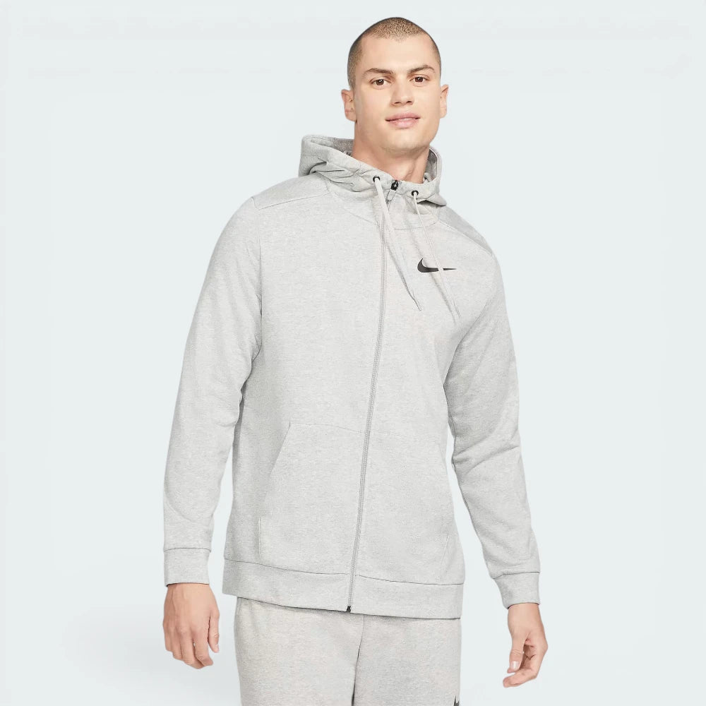 Main profile of the Dark Grey Heather full-zip hoodie, showing the standard athletic fit and the contoured hood.
