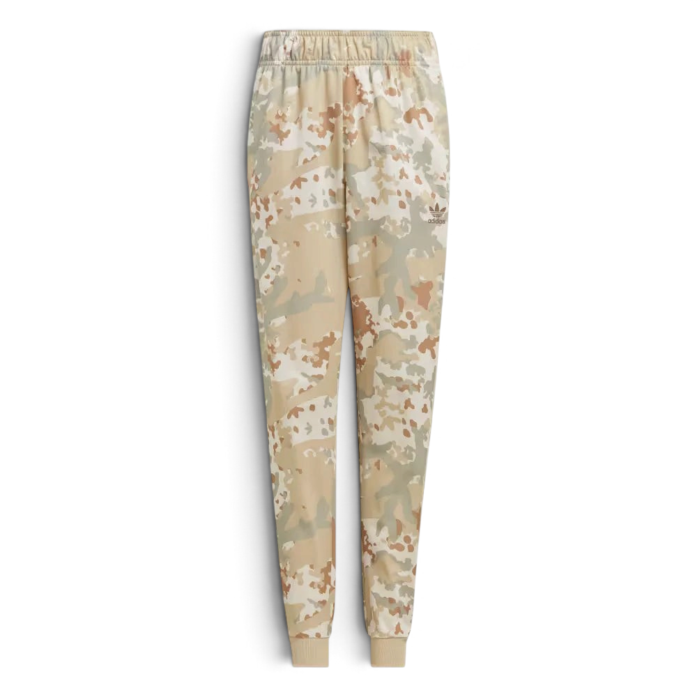 Top-down view of the joggers laid flat, showcasing the elasticated drawcord waist and the intricate multicolor camo pattern.