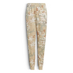 Top-down view of the joggers laid flat, showcasing the elasticated drawcord waist and the intricate multicolor camo pattern.