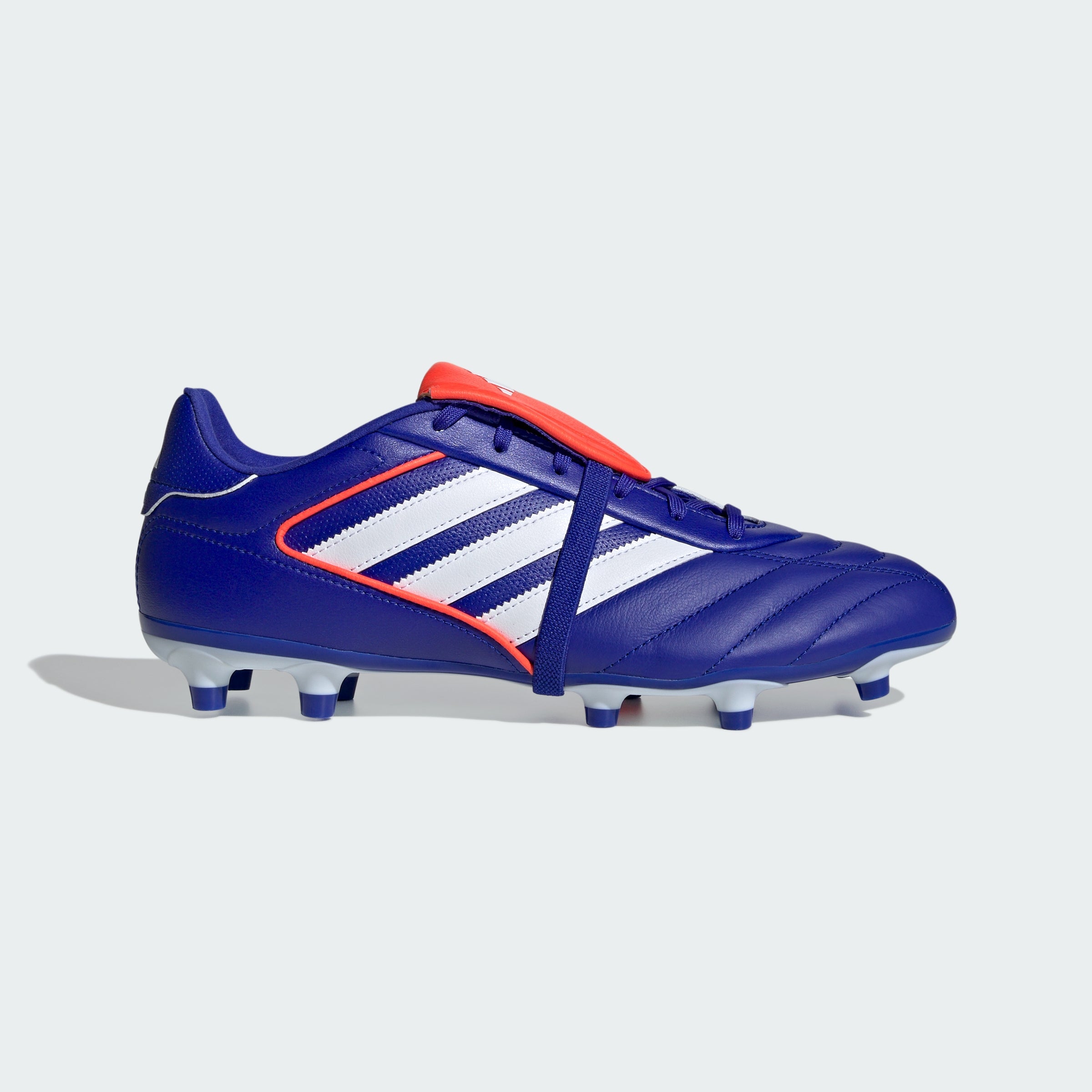 Side Profile Image: The Lucid Blue Copa Gloro 2, highlighting the Solar Red accents on the studs and the classic Cloud White 3-Stripes. Main image