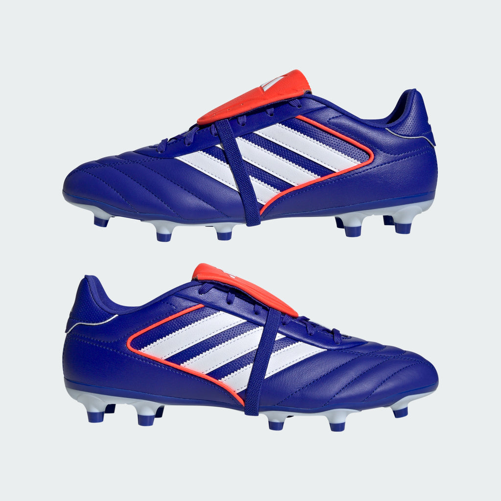 Angle View Showing Both Pair Side by Side: Emphasising the classic T-toe construction and the high-contrast Lucid Blue and Solar Red colour blocking.