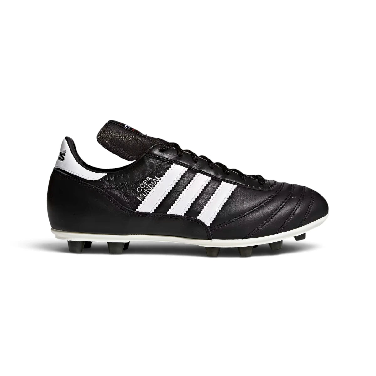 Studio side-profile shot of the adidas Copa Mundial firm ground football boots in Black and Footwear White, highlighting the premium leather upper, white three-stripes branding, metallic gold Copa Mundial text, folded tongue, and molded firm ground studs. Main image