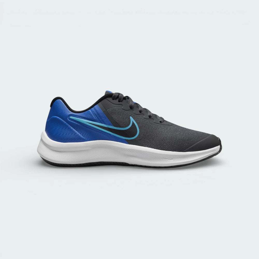 Side profile of the Nike Star Runner 3 in Iron Grey, showing the electric Blue Lightning Swoosh and the clean, white cushioned midsole.