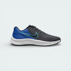 Side profile of the Nike Star Runner 3 in Iron Grey, showing the electric Blue Lightning Swoosh and the clean, white cushioned midsole.