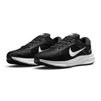 Emphasising the planted, supportive road-running stance and the crisp contrast between the all-black engineered mesh body, dynamic eyestay bands, and clean white midsole tooling.
