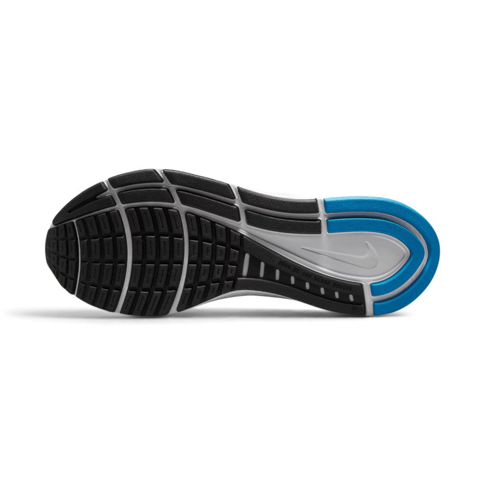 Displays the full-length black and grey rubber outsole, showcasing the segmented forefoot flex grooves, lateral crash rail, and central decoupling line.