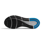 Displays the full-length black and grey rubber outsole, showcasing the segmented forefoot flex grooves, lateral crash rail, and central decoupling line.