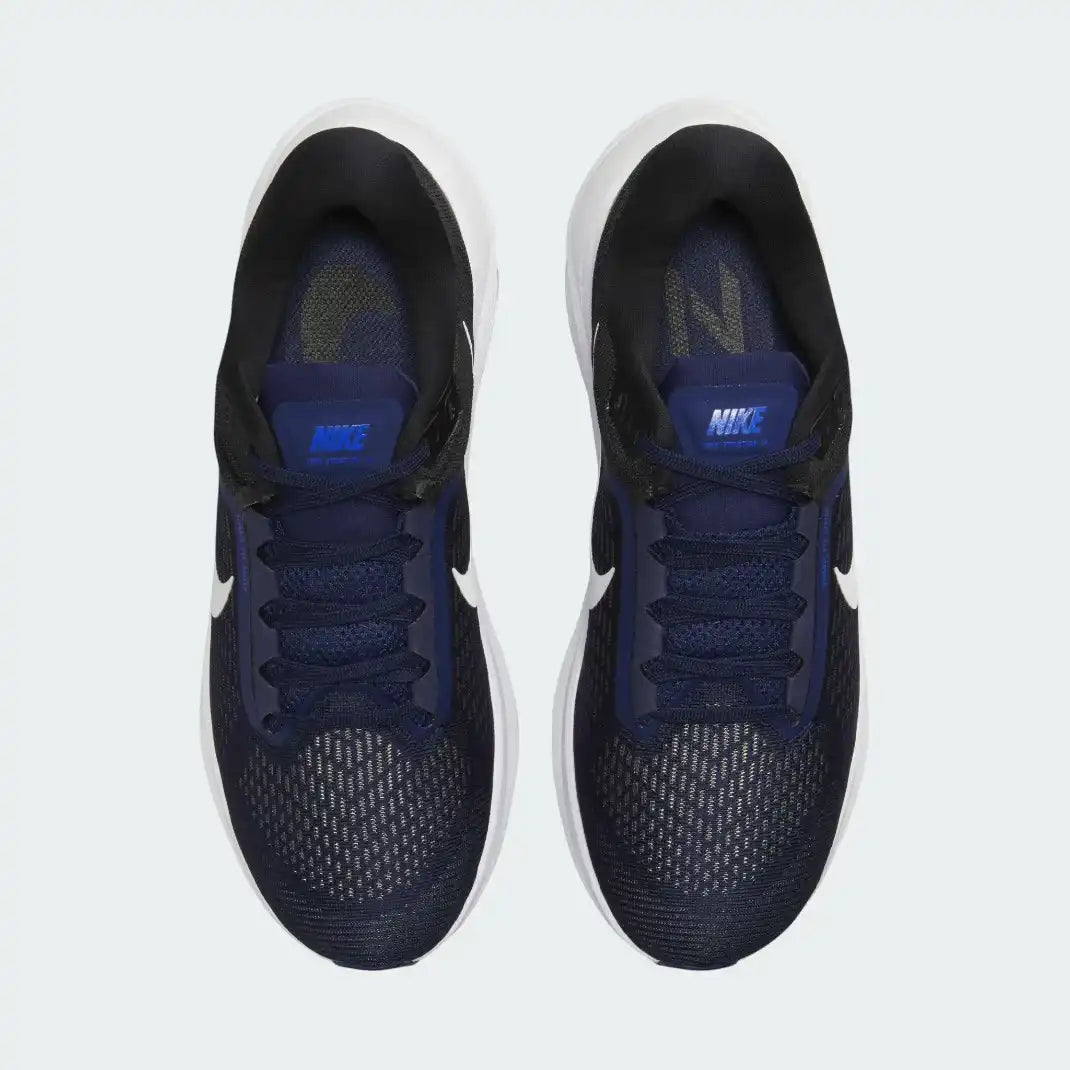 Top-down view of a pair of Nike Air Zoom Structure 24 Men's running shoes in navy, highlighting their streamlined silhouette and lace-up closure.