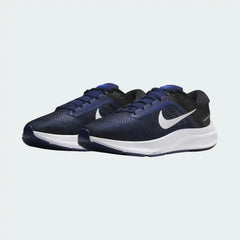 Angled view of two Nike Air Zoom Structure 24 Men's navy running shoes, side by side, showcasing their responsive design and stable profile.