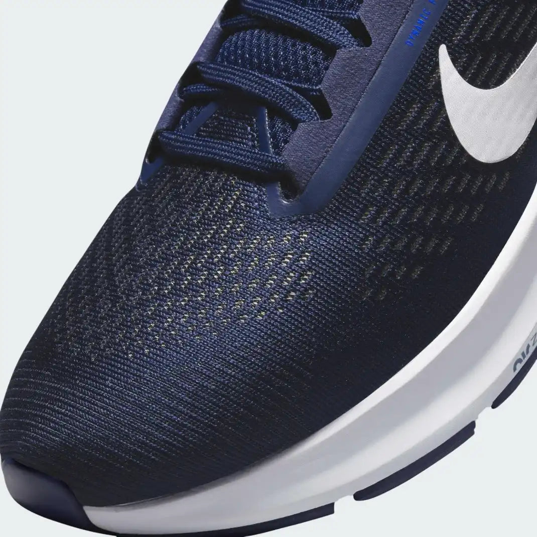 Close-up zoom on the front of the Nike Air Zoom Structure 24 Men's navy running shoes, showing the breathable engineered mesh texture and integrated lacing system.