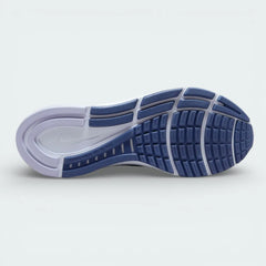 View of the durable rubber outsole, showcasing the specialized traction pattern and the lateral crash rail for a smooth stride.