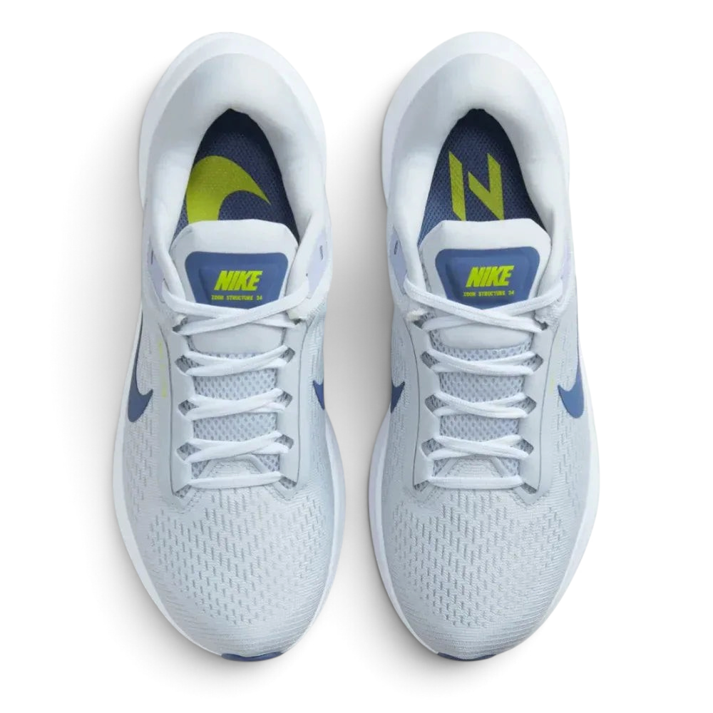 Top-down view of the Pure Platinum and Diffused Blue trainers, highlighting the breathable mesh texture across the toe box and the secure lacing system.