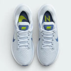 Top-down view of the Pure Platinum and Diffused Blue trainers, highlighting the breathable mesh texture across the toe box and the secure lacing system.