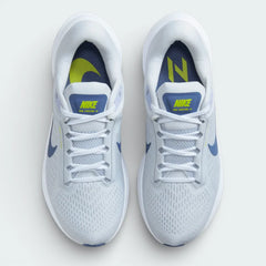 Top-down view of the Pure Platinum and Diffused Blue trainers, highlighting the breathable mesh texture across the toe box and the secure lacing system.